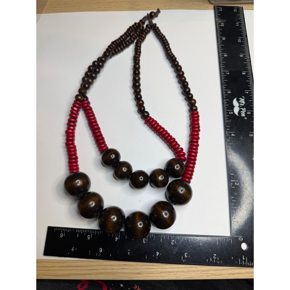 Chunky Double Strand Wood Bead Necklace Red Brown Boho Statement Jewelry